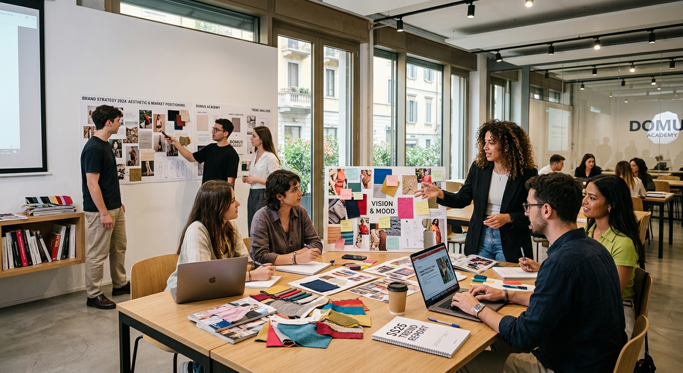 Modern fashion management classroom at Domus Academy Milan, students collaborating around mood boards and fashion brand strategy presentations, contemporary Italian design interior with large windows and natural light, fabric swatches and trend reports on tables