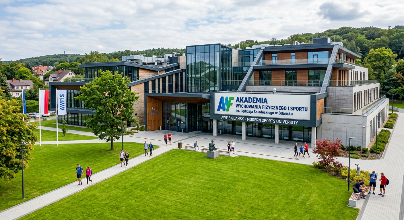 AWFiS Gdansk main academic building, modern architecture with sports university signage, green lawn in foreground, Oliwa district setting