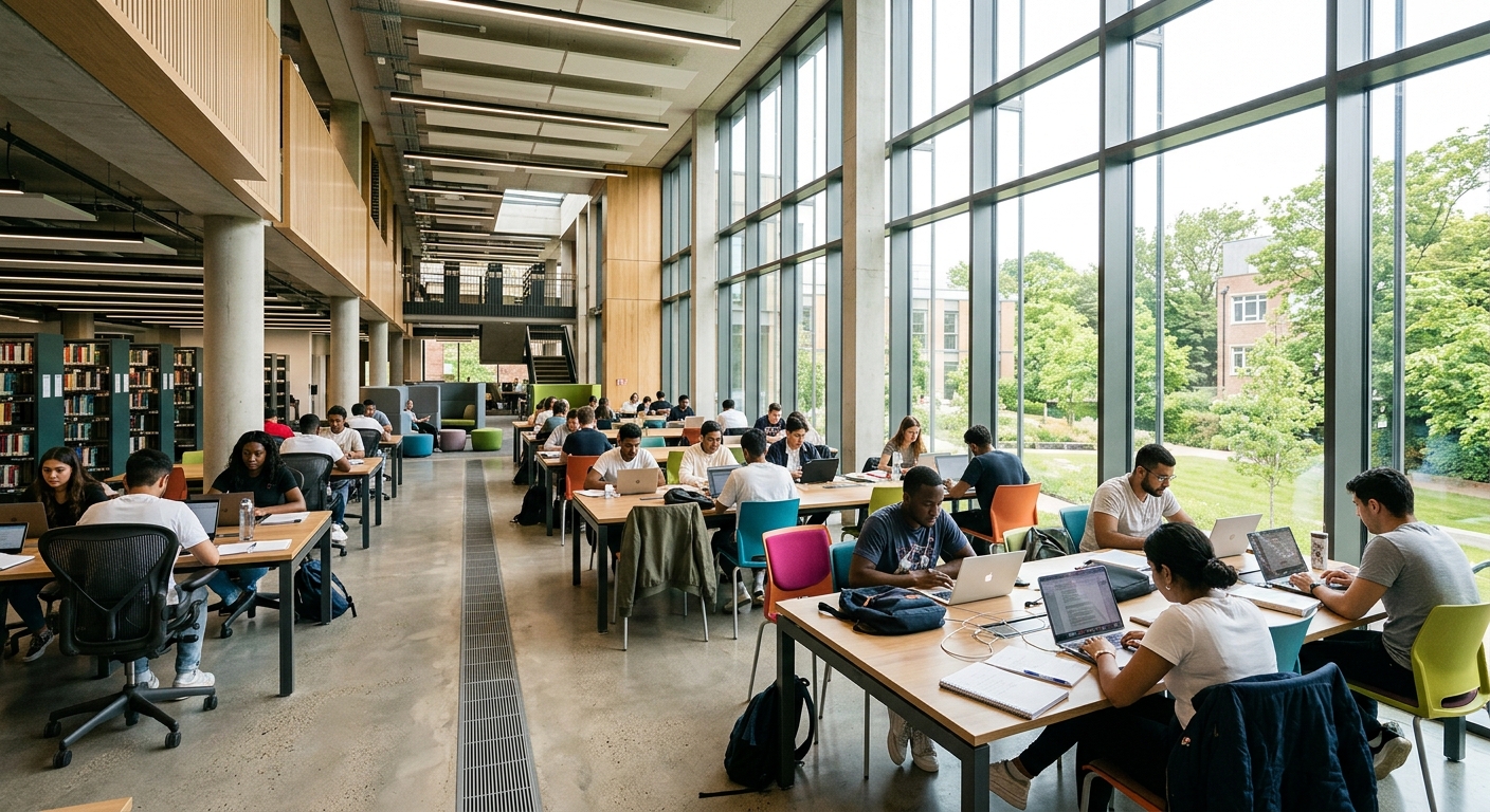 University of Roehampton modern library interior, open-plan study spaces with floor-to-ceiling windows, students working at desks with laptops, natural light flooding in, contemporary furniture