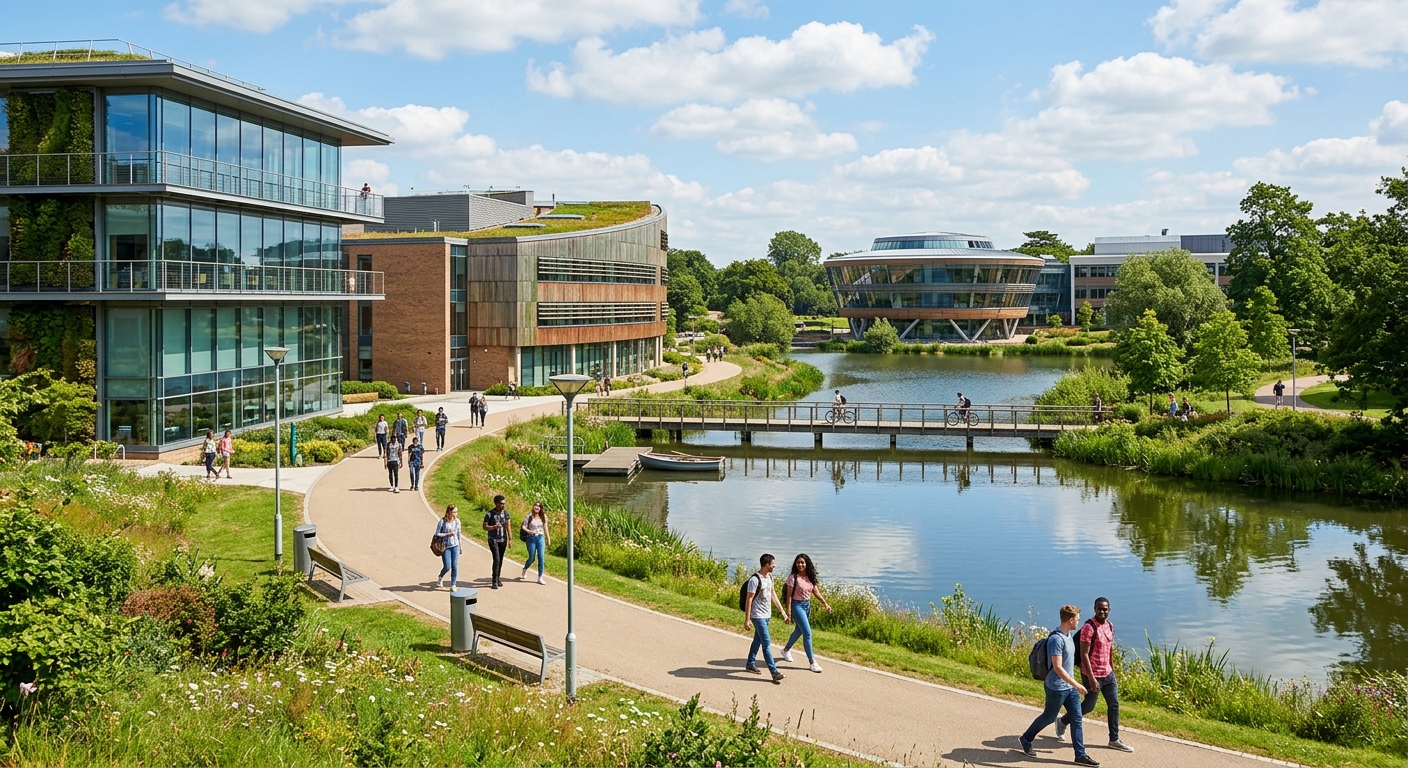 Modern Jubilee Campus at the University of Nottingham with eco-friendly buildings, green spaces, a lake, and students walking between contemporary glass and brick structures on a sunny day