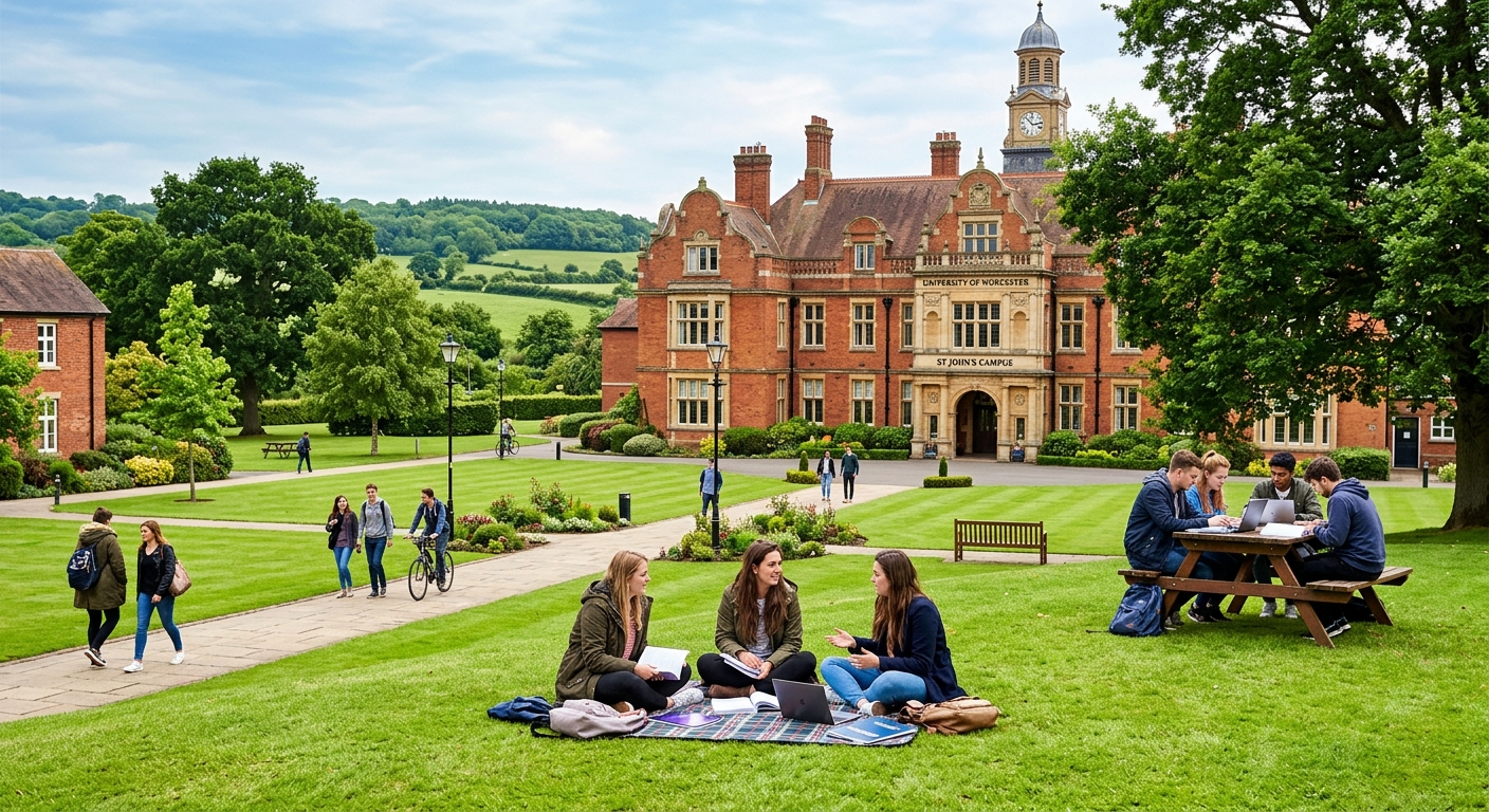 University of Worcester St John's Campus, traditional red brick academic buildings with manicured green lawns, students studying outdoors, English countryside atmosphere