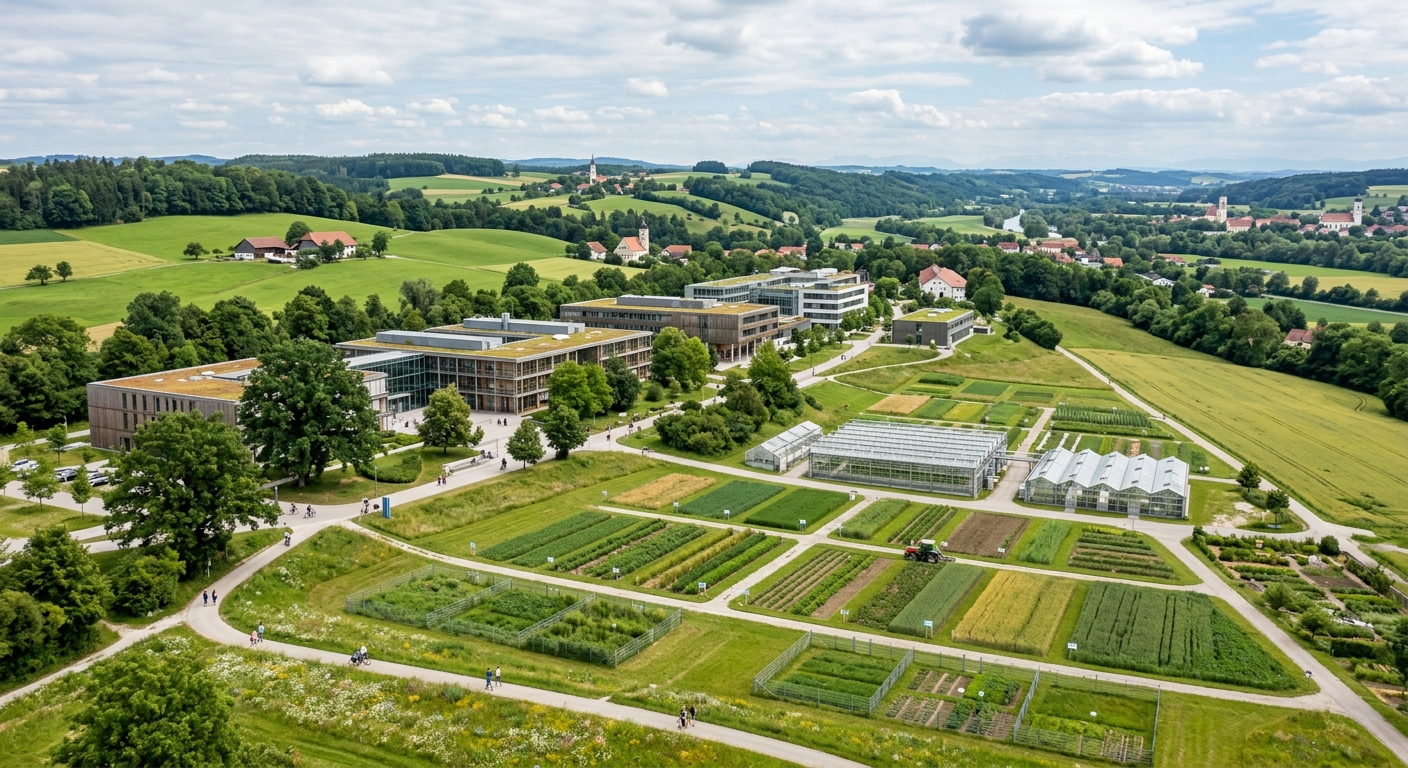 TUM Weihenstephan campus in Freising, green rolling hills with modern university buildings, agricultural research fields and greenhouses, Bavarian countryside landscape
