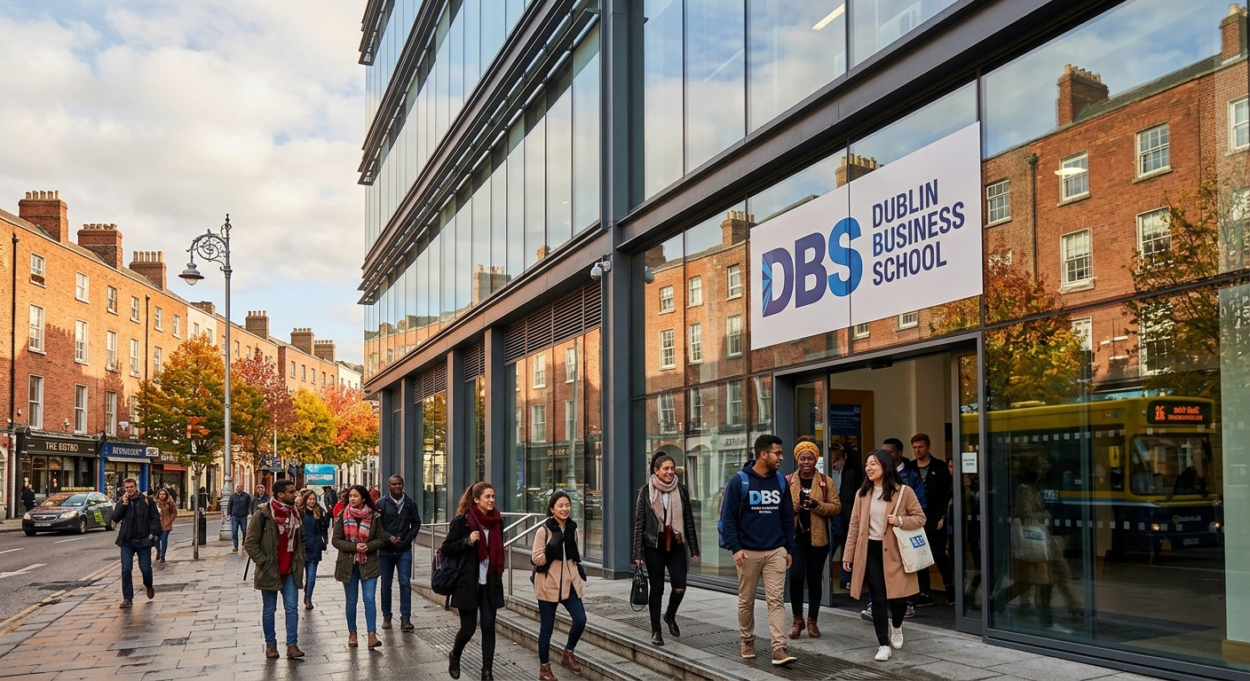 Modern Dublin Business School campus building on Aungier Street in Dublin city centre, glass facade reflecting Georgian architecture, international students walking through entrance, warm autumn light