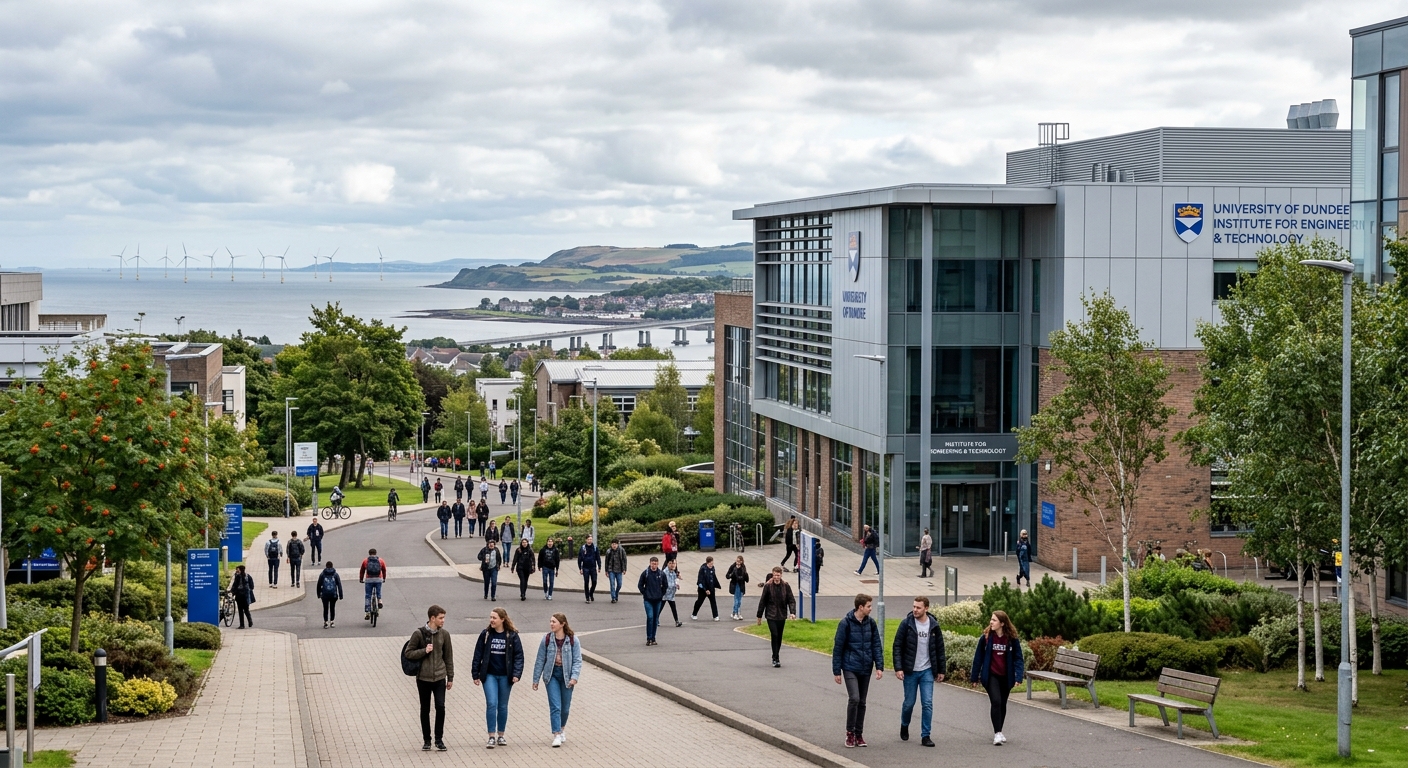 University of Dundee campus with modern engineering building, Scottish coastal landscape in background, offshore wind turbines visible on the horizon, students walking along pathways, bright overcast sky typical of Scotland