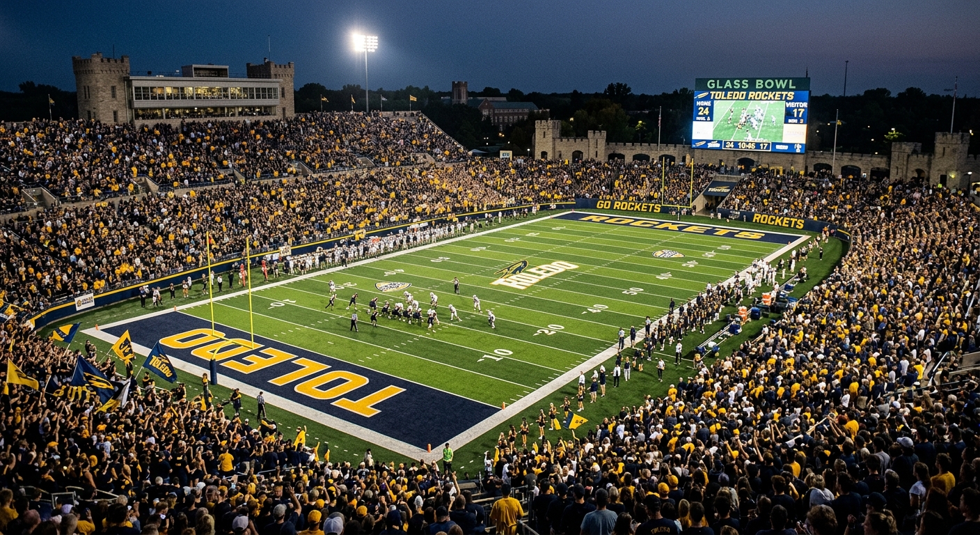 Glass Bowl stadium at the University of Toledo during a football game, packed stands with fans in midnight blue and gold, green football field under stadium lights