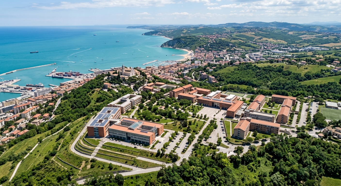 Aerial view of Marche Polytechnic University campus in Ancona, Italy, with modern academic buildings set against the backdrop of the Adriatic Sea coastline and rolling green hills of the Marche region