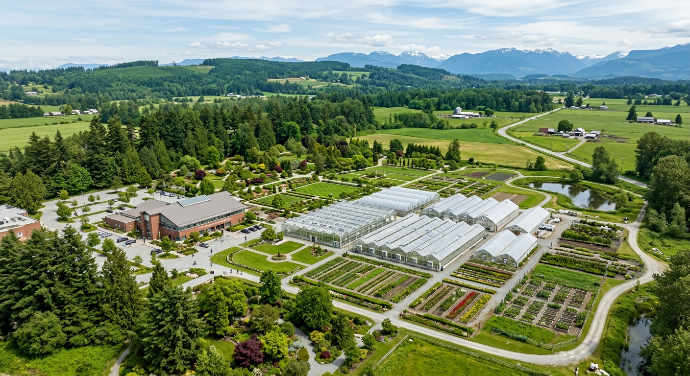 KPU Langley campus with greenhouses and garden areas, horticulture facilities surrounded by green landscape, rural British Columbia setting