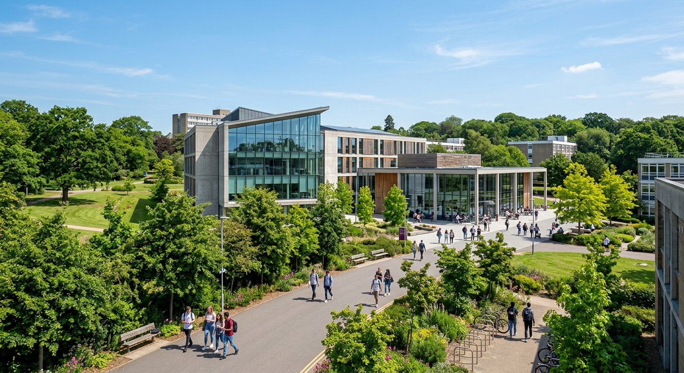 University of Essex Colchester campus with modern academic buildings surrounded by green parkland, students walking along tree-lined pathways, contemporary glass and concrete architecture with clear sky