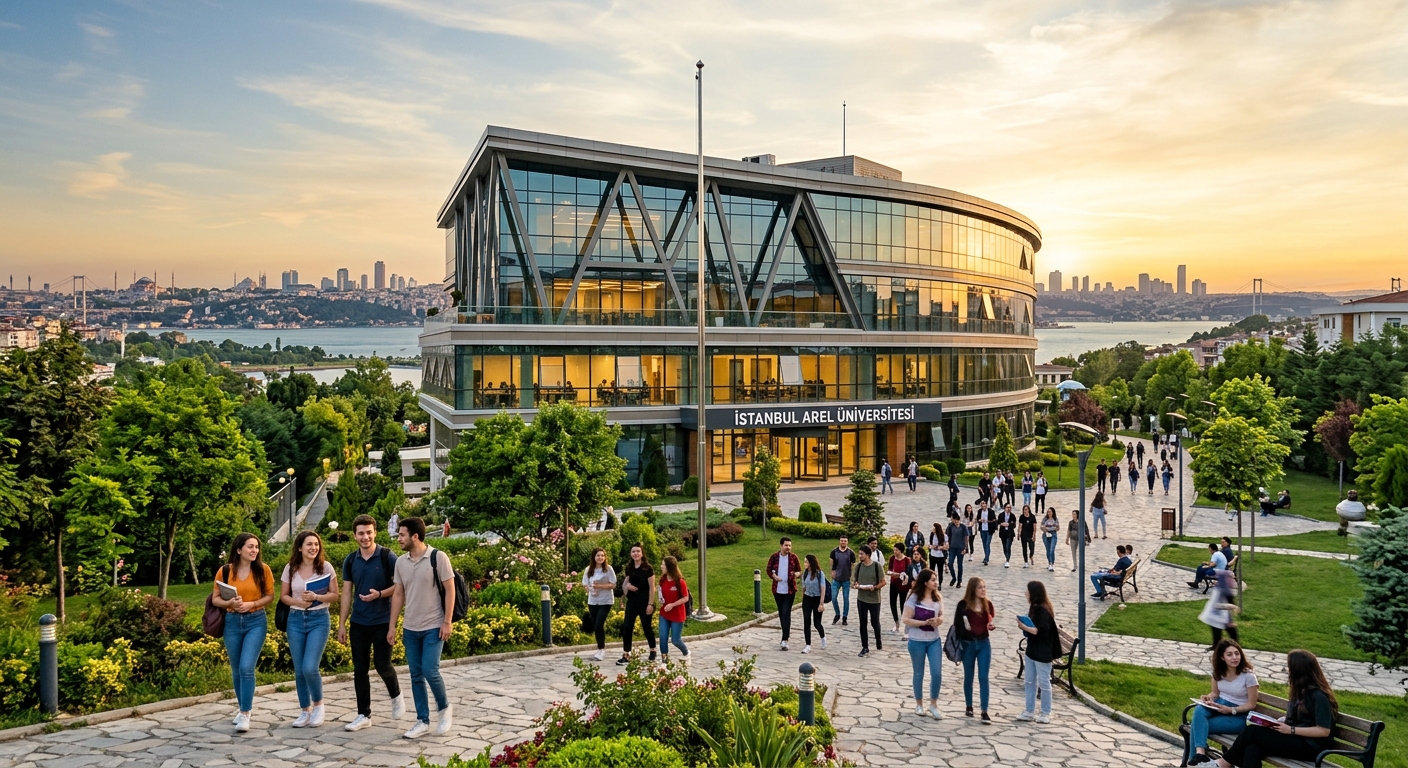 Modern university campus building at Istanbul Arel University with glass facade, green landscaping, students walking on pathways, Istanbul skyline in the background, warm Mediterranean light