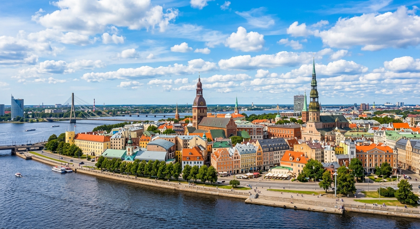 Riga Old Town panoramic view, medieval church spires, Daugava River, Art Nouveau buildings, colorful rooftops, blue sky with clouds, Baltic cityscape