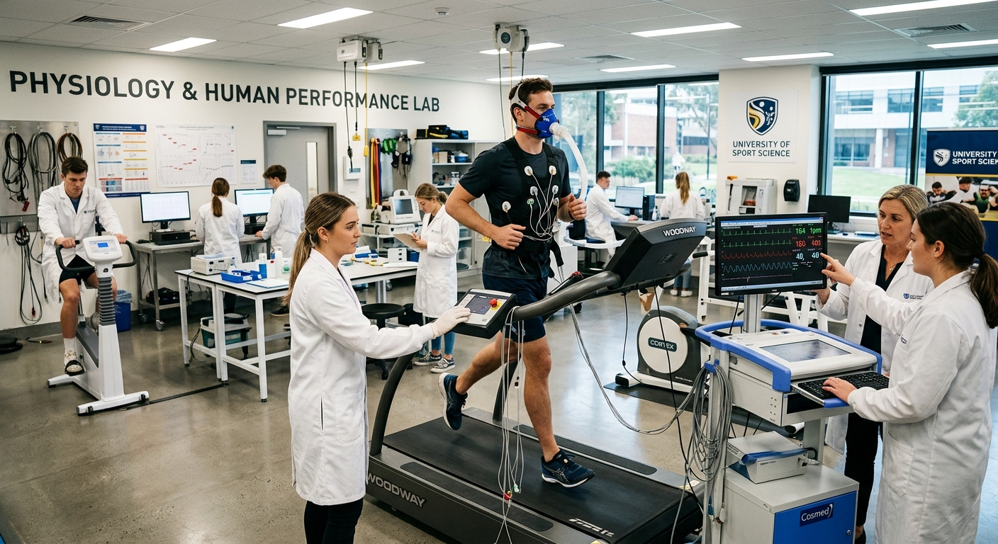 Modern university physiology laboratory with clinical exercise testing equipment, treadmill stress test station, ECG monitors, and students in white lab coats working alongside instructors, bright clinical lighting in a professional sport science facility