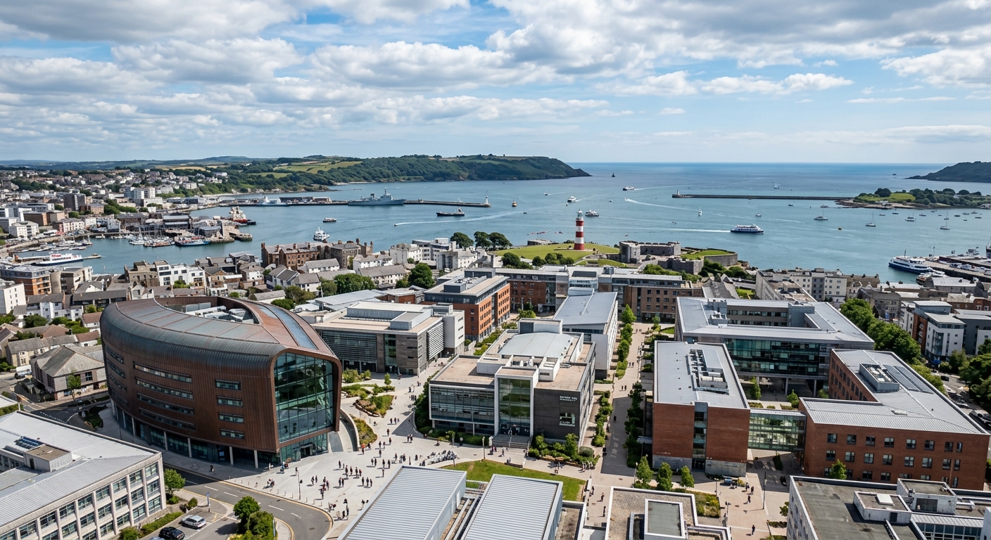 University of Plymouth campus wide shot showing modern buildings and the Roland Levinsky Building against Plymouth waterfront, with Plymouth Sound and the sea visible in the background under a partly cloudy sky