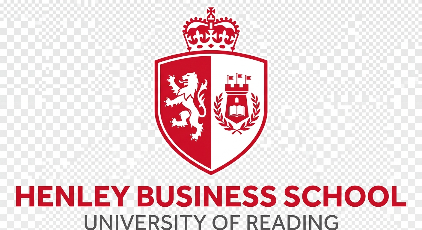 Henley Business School official logo, red and white shield emblem with university crest, clean professional design on transparent background