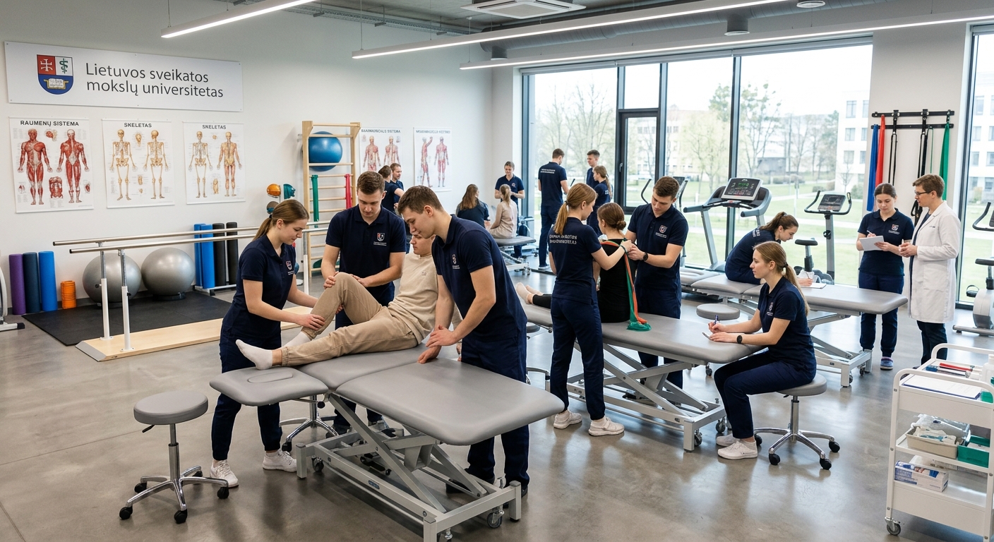 Modern physiotherapy training facility at Lithuanian University of Health Sciences in Kaunas, students practicing rehabilitation techniques on treatment tables, bright clinical environment with anatomical charts and exercise equipment