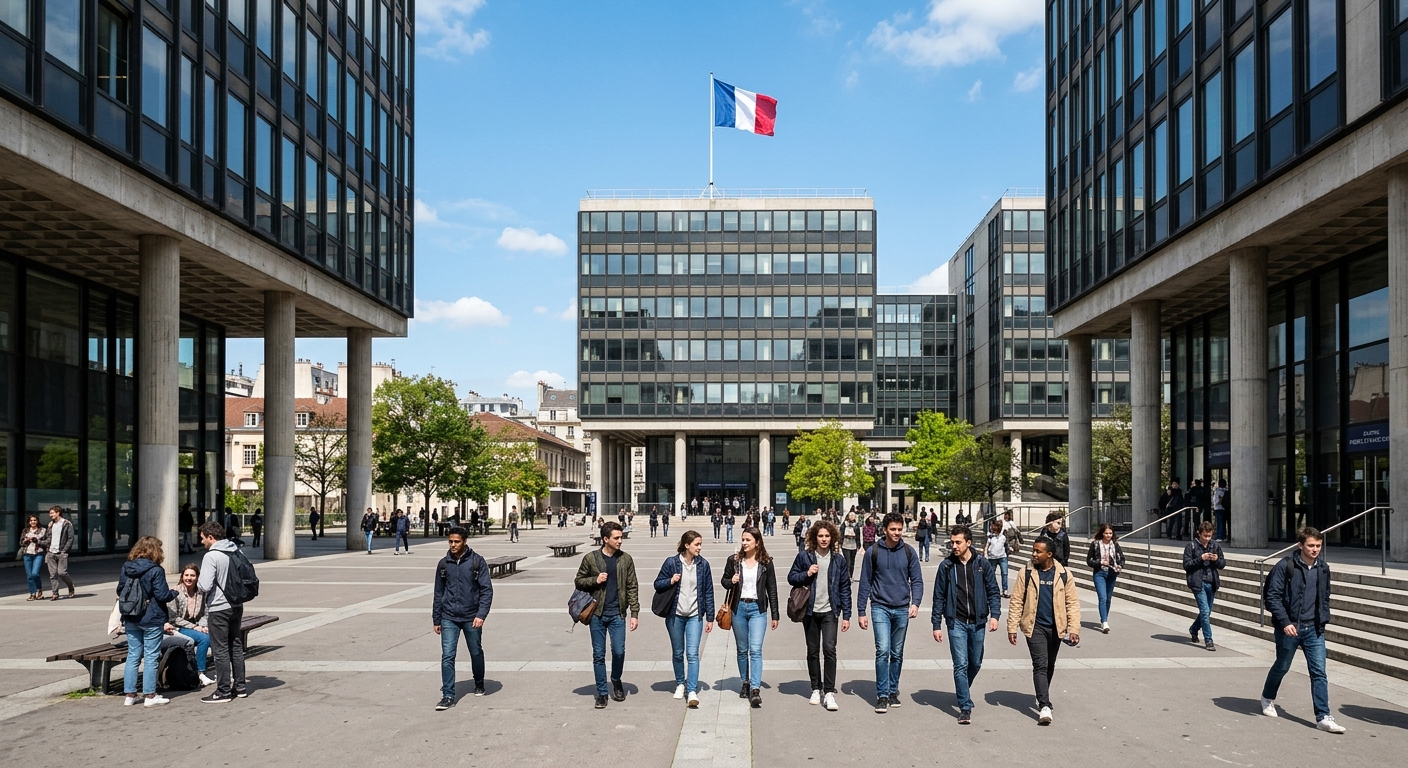 Sorbonne University Pierre and Marie Curie campus in Paris, Jussieu building with modern architecture, students walking through courtyard, French flag visible, sunny day in the Latin Quarter
