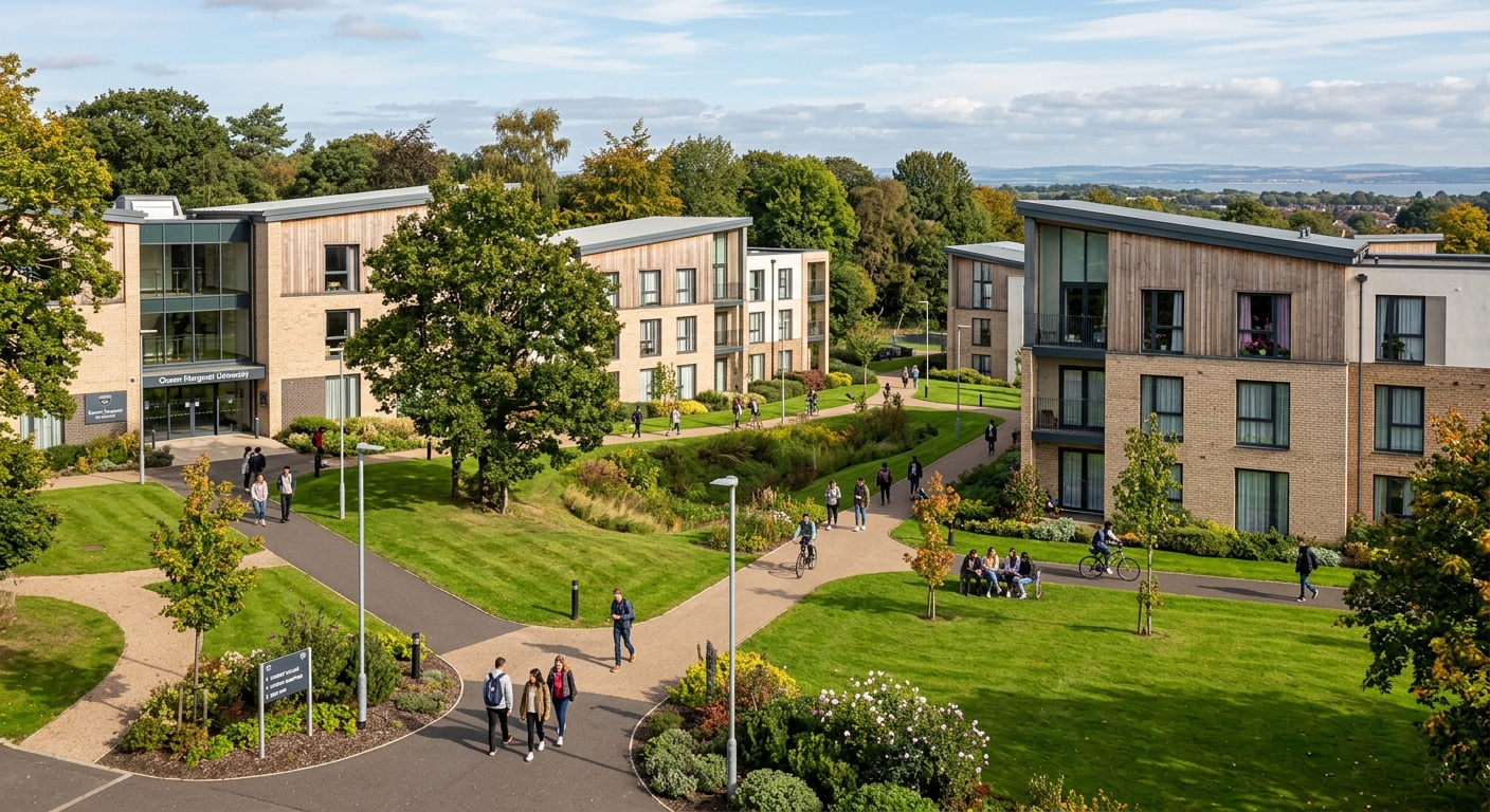 Queen Margaret University Student Village, modern student accommodation buildings surrounded by green lawns and pathways, Musselburgh Scotland