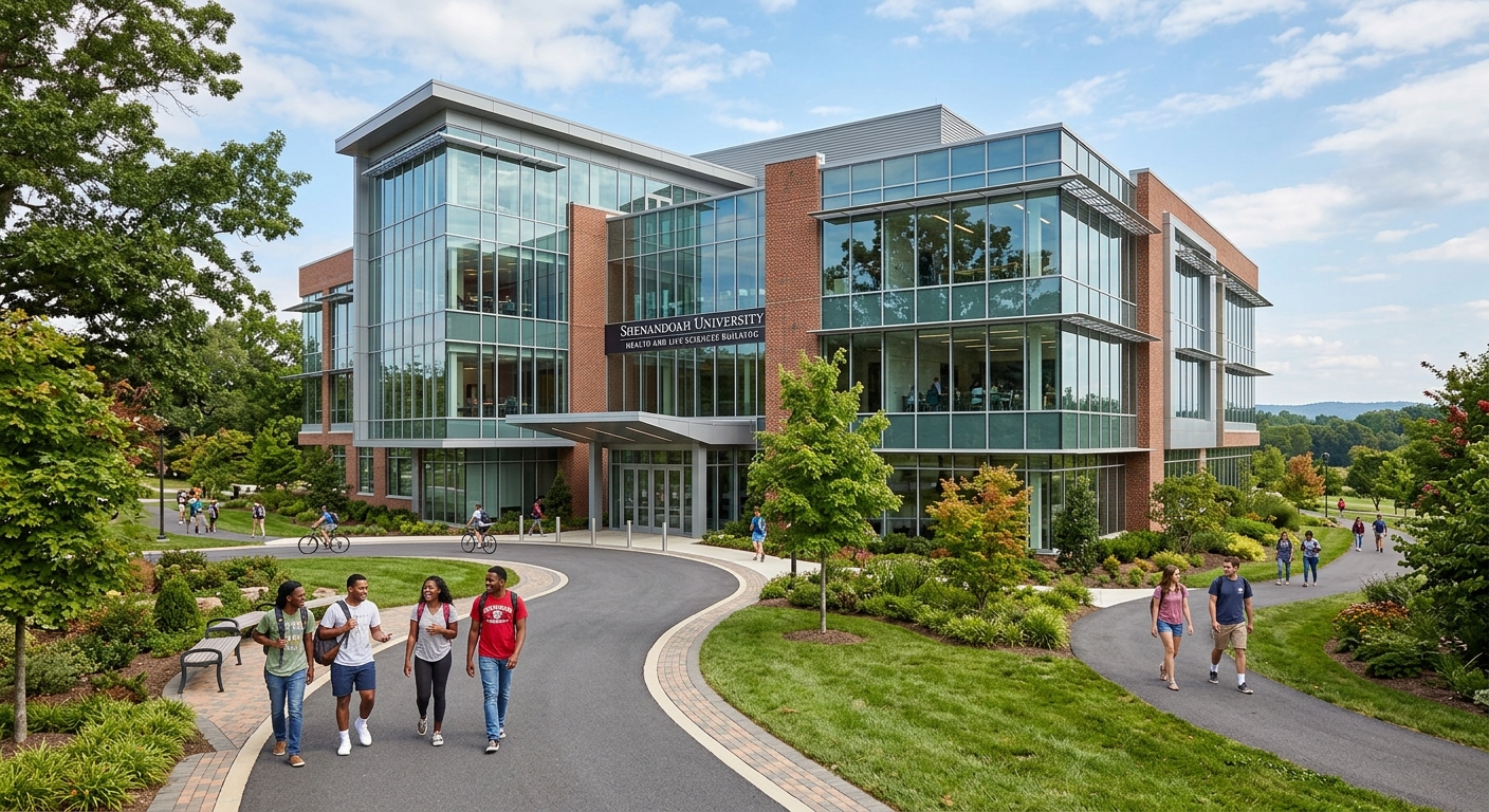 Shenandoah University Health and Life Sciences Building, modern academic facility with glass facade, students walking on pathways, surrounded by green landscaping