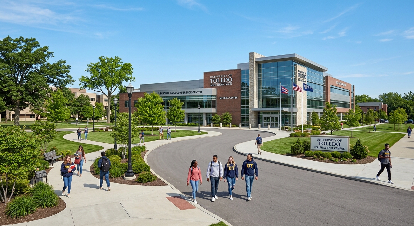 University of Toledo Health Science Campus building with modern medical facilities, students walking on campus pathways, green landscaping and clear blue sky in Toledo Ohio
