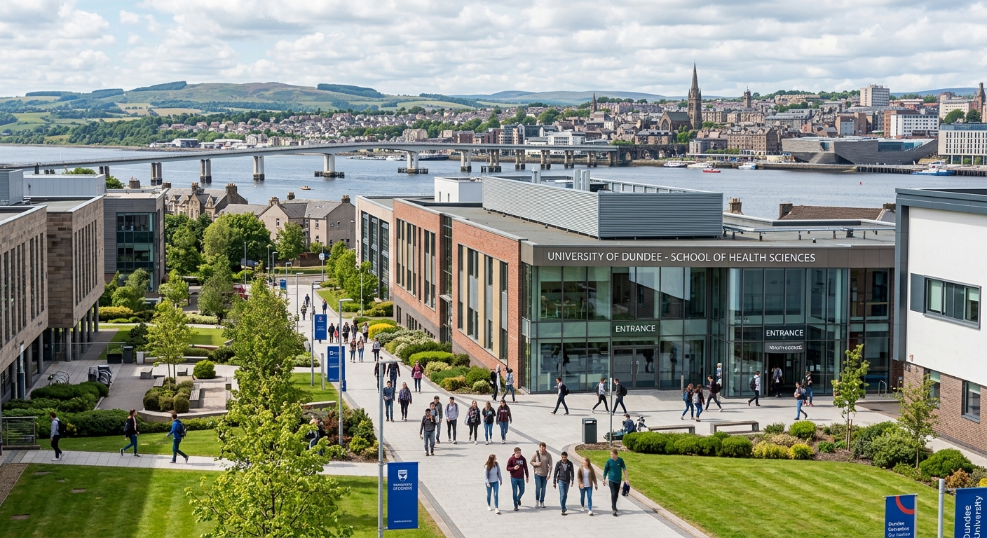University of Dundee City Campus with modern healthcare teaching buildings, students walking near the School of Health Sciences, River Tay visible in background, Scottish cityscape with green spaces