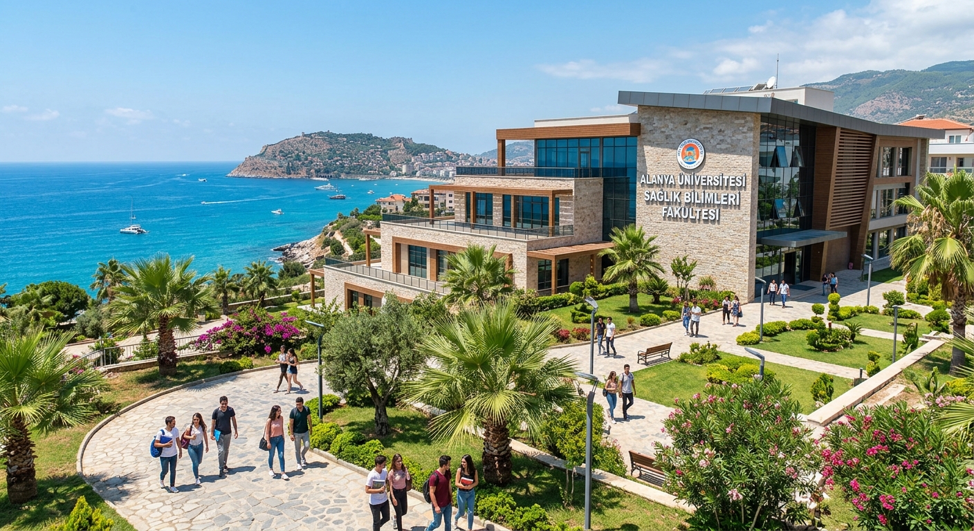 Modern health sciences faculty building at Alanya University with Mediterranean coastal backdrop, students walking on campus pathways surrounded by palm trees and green landscaping, bright sunny day in Alanya Turkey