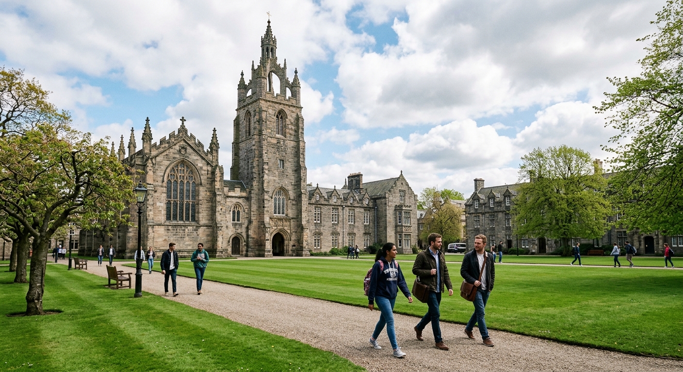 Historic King's College campus at the University of Aberdeen with its iconic crown tower, granite buildings surrounded by green lawns, students walking along pathways under a partly cloudy Scottish sky