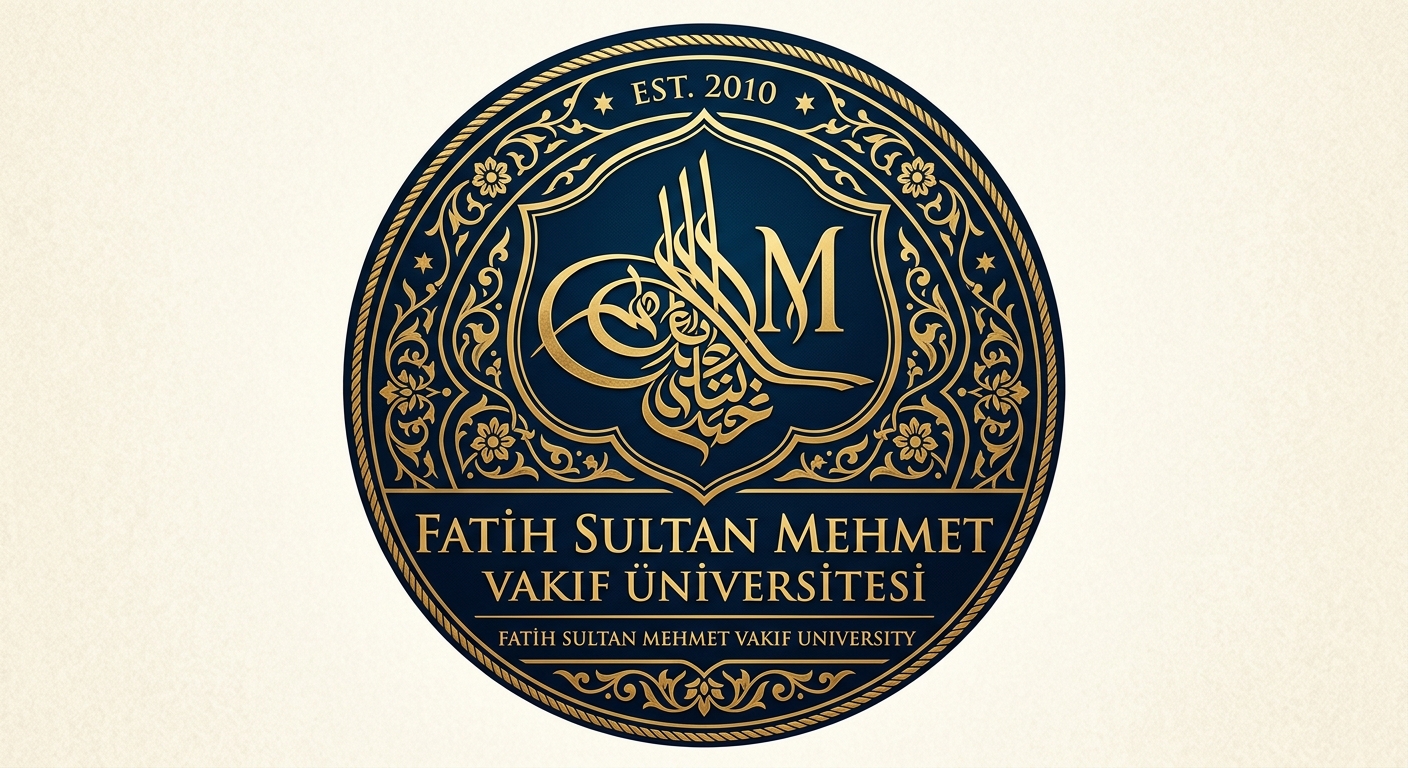 Fatih Sultan Mehmet Vakif University official logo featuring Ottoman tughra-inspired calligraphy with university name in Turkish and English, deep blue and gold color scheme