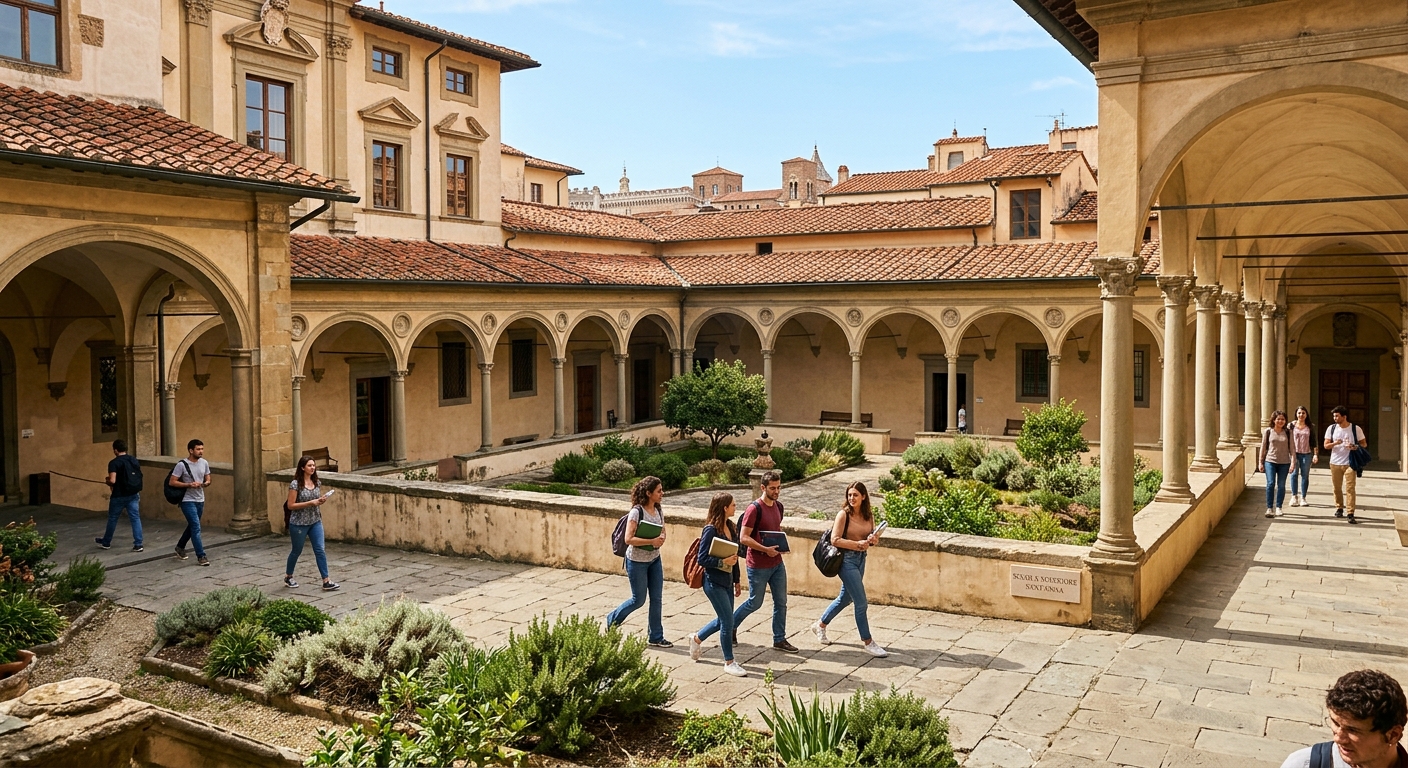 Historic Sant'Anna School of Advanced Studies campus in Pisa Italy, elegant Renaissance-style courtyard with arched corridors, students walking through sunlit stone pathways, Tuscan architecture with terracotta rooftops visible in background