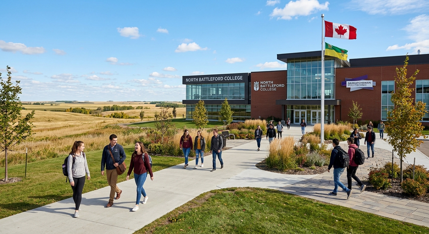 Modern college campus building in North Battleford Saskatchewan with prairie landscape, students walking on pathways, Canadian flag visible, clear blue sky with scattered clouds