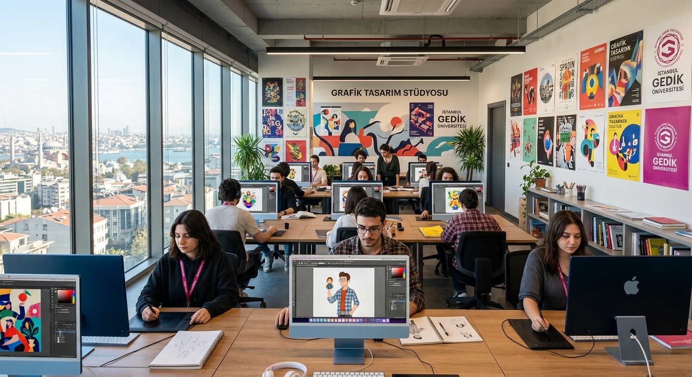 Modern graphic design studio at Istanbul Gedik University with iMac workstations, students working on digital illustrations, colorful design posters on walls, bright contemporary classroom with large windows overlooking Istanbul