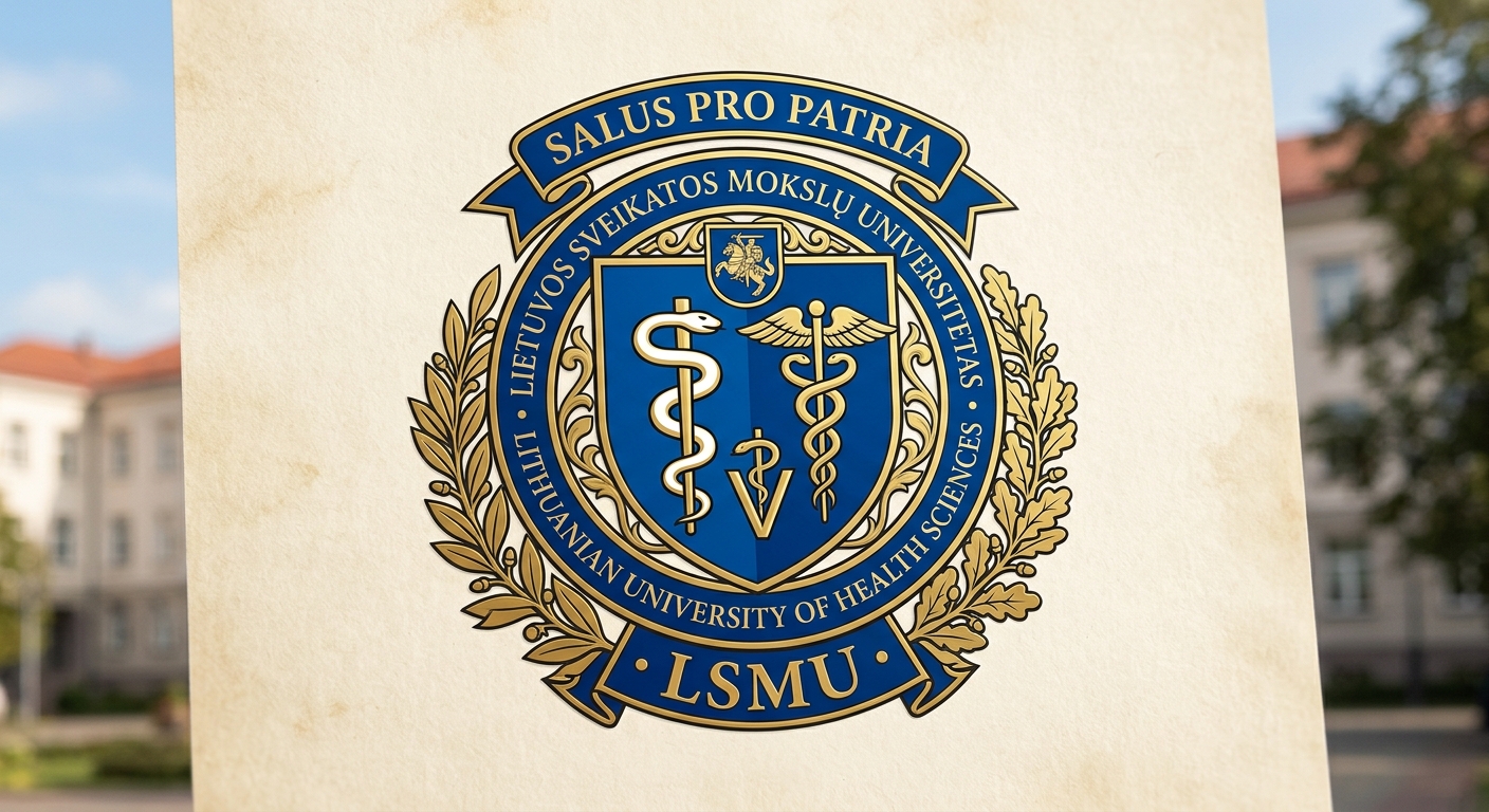 Lithuanian University of Health Sciences LSMU official logo, featuring a shield with the motto Salus pro Patria, medical and veterinary symbols, blue and gold color scheme