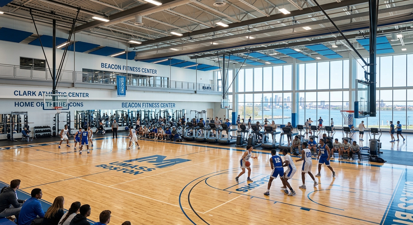 UMass Boston Clark Athletic Center and Beacon Fitness Center, indoor gymnasium with basketball court, students exercising, modern sports equipment
