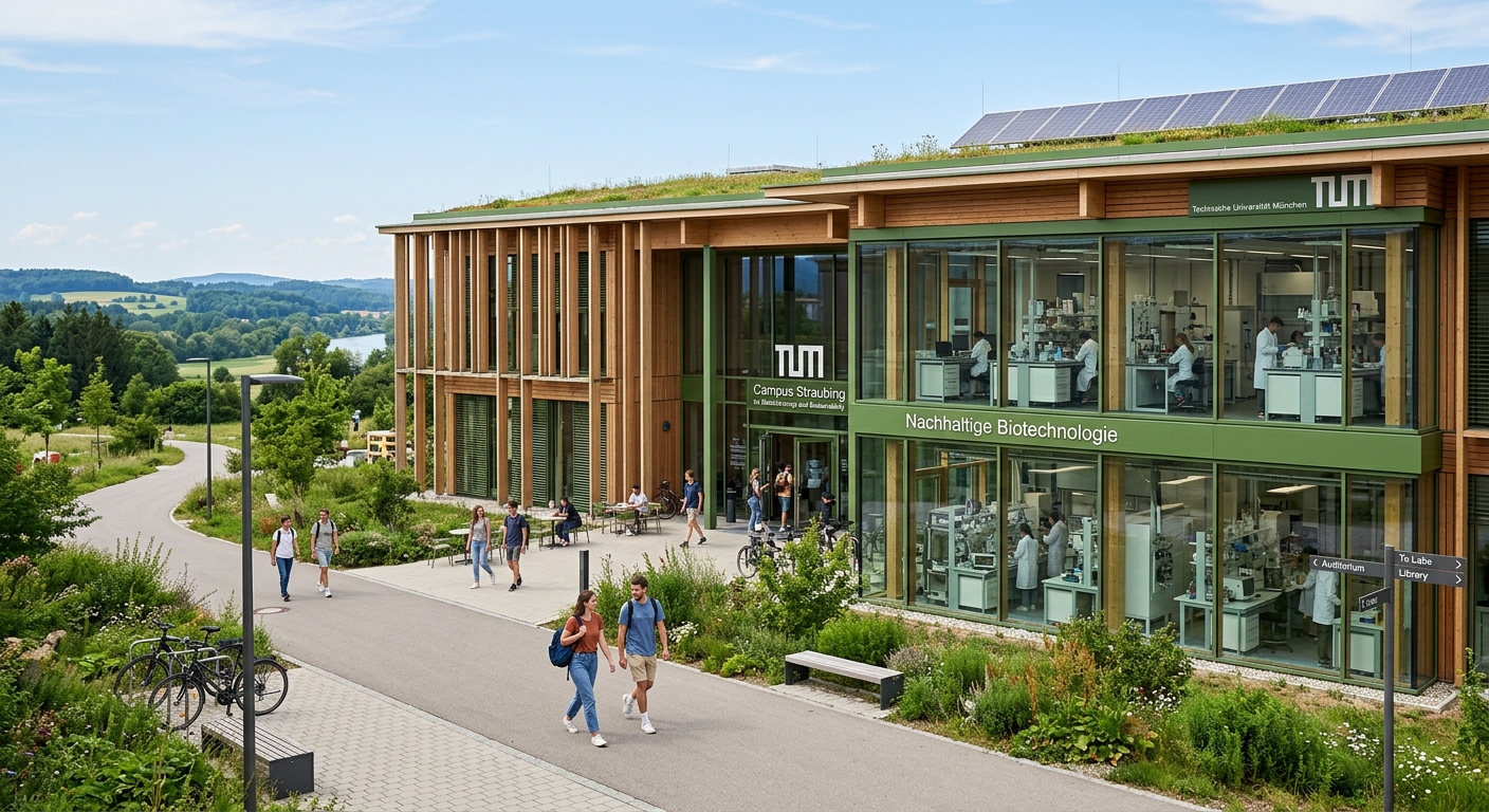 Modern university campus building at TUM Campus Straubing with sustainable architecture, green surroundings, students walking along pathways, engineering laboratory equipment visible through glass windows, Bavarian landscape in background