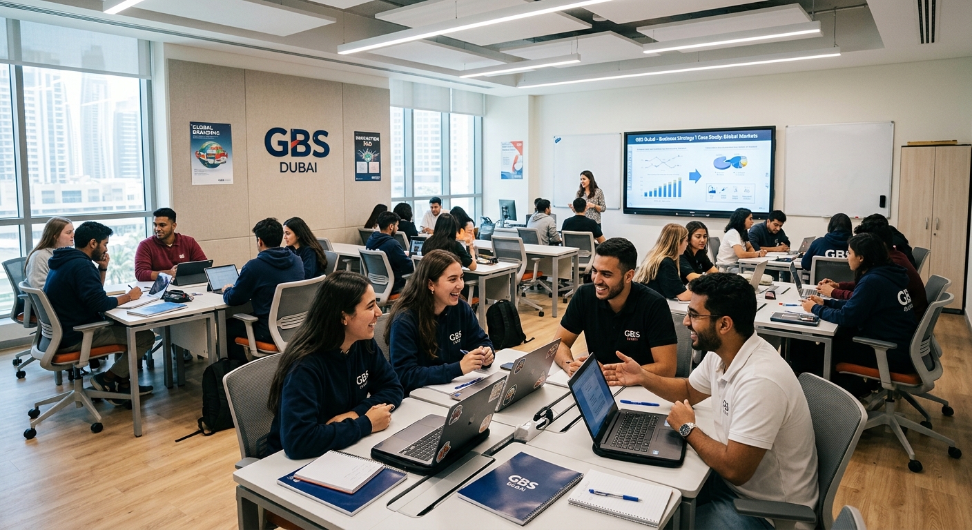 Modern GBS Dubai classroom interior with smart board technology, rows of contemporary desks, bright LED lighting, students engaged in group discussion