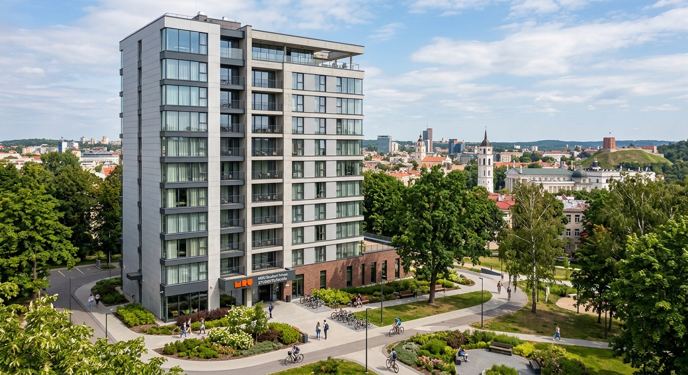 MRU Student House dormitory building, twelve-floor modern residential tower, student residence exterior with landscaped surroundings, Vilnius cityscape in background