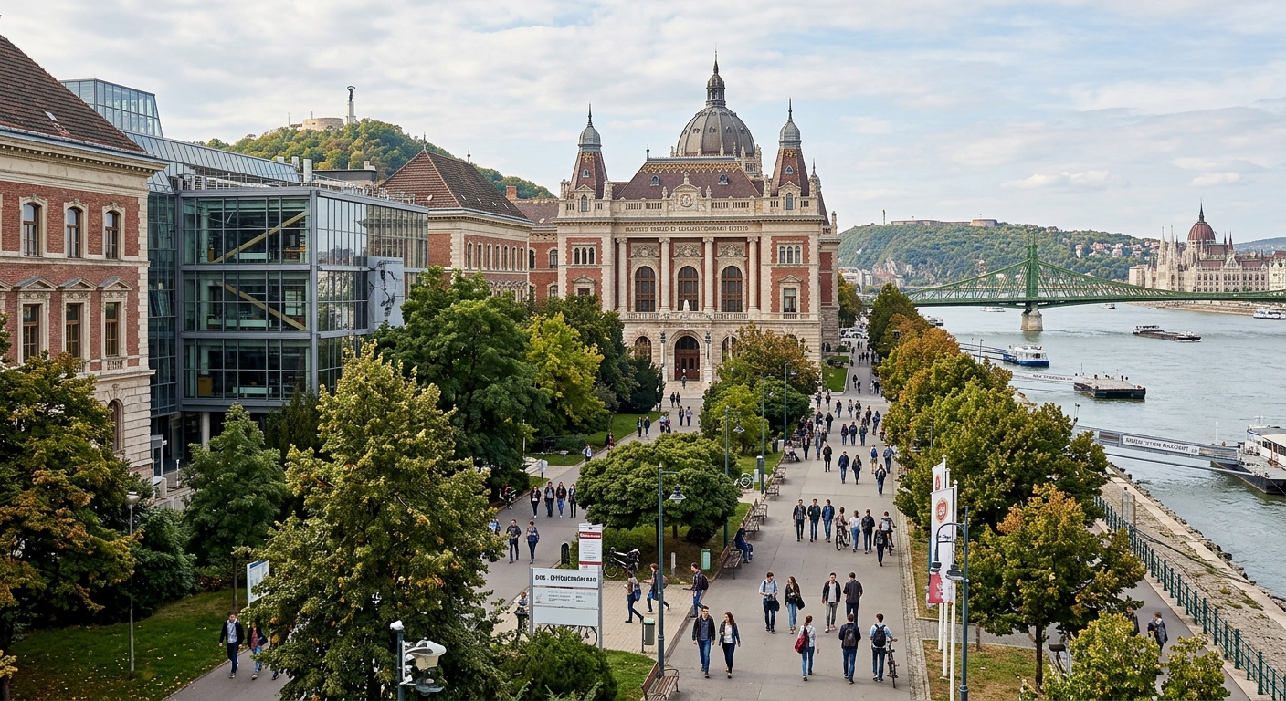 Budapest University of Technology and Economics historic campus building along the Danube river, Faculty of Civil Engineering, students walking through tree-lined paths, classical European architecture with modern engineering facilities