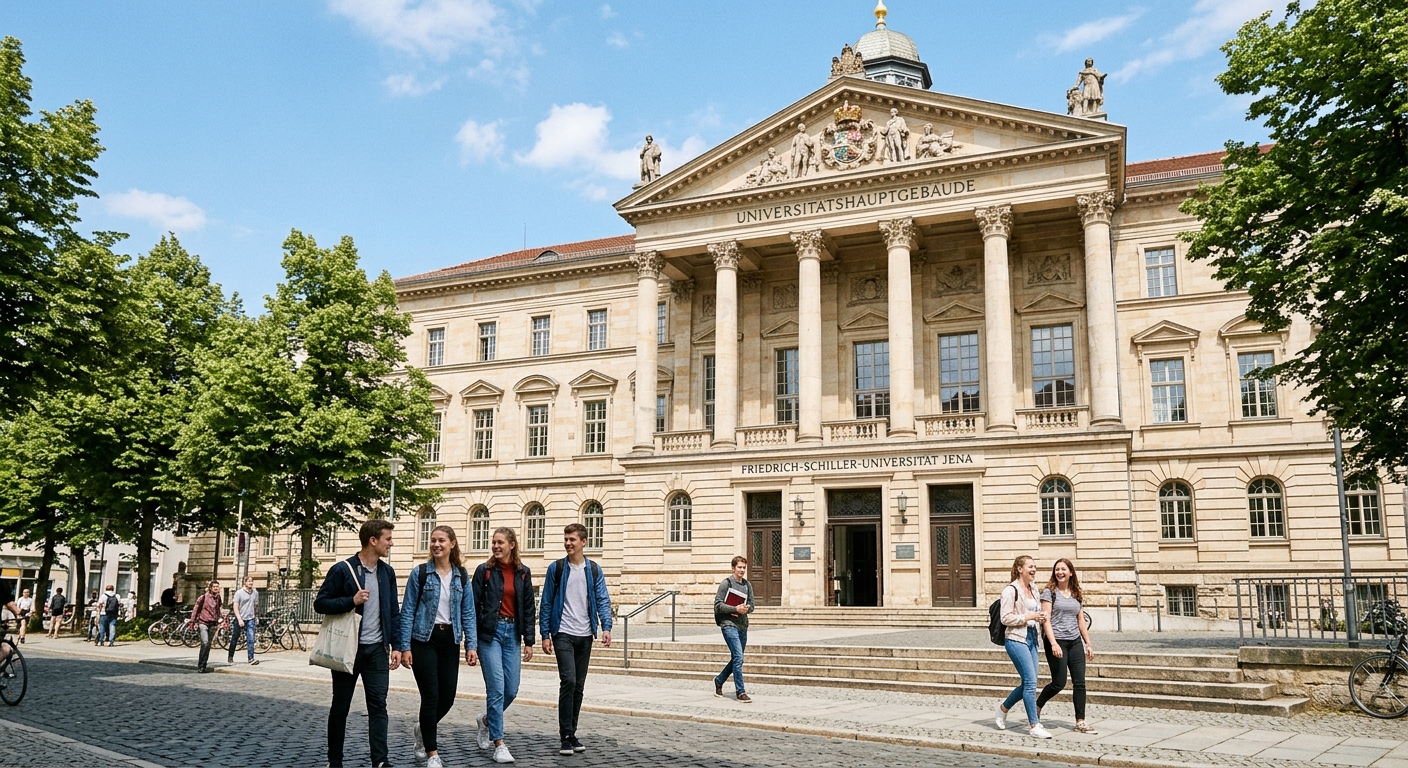 Friedrich Schiller University Jena main building Universitaetshauptgebaeude at Fuerstengraben, classical architecture with columns, students walking in front, sunny day