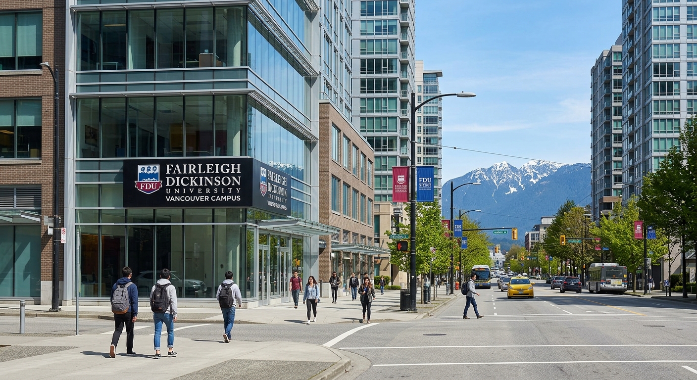 Fairleigh Dickinson University Vancouver campus building in downtown Vancouver, modern urban setting with glass facades, Cambie Street view, mountains visible in background, clear day with students walking nearby