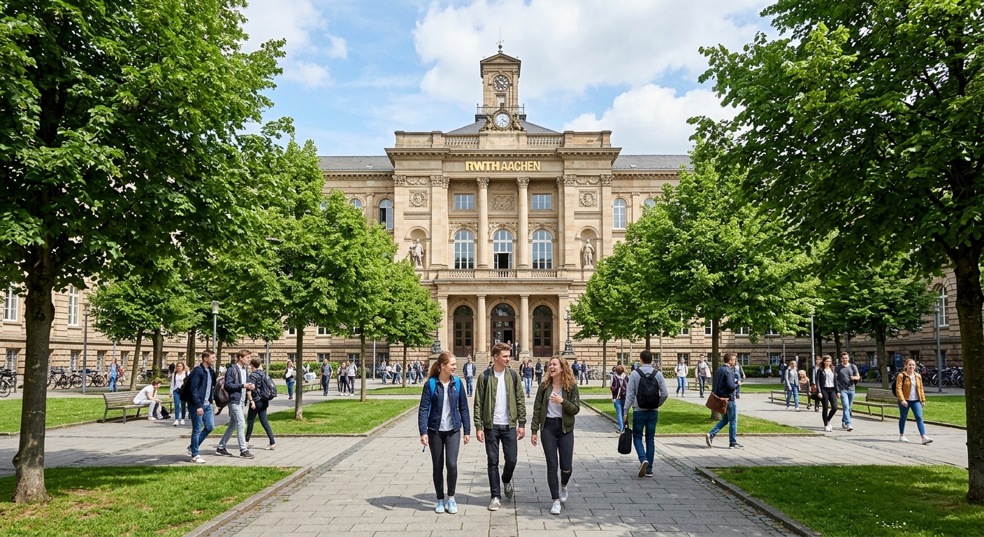RWTH Aachen University main building with neoclassical facade, students walking across campus courtyard, European architecture, green trees lining the pathway, bright daylight