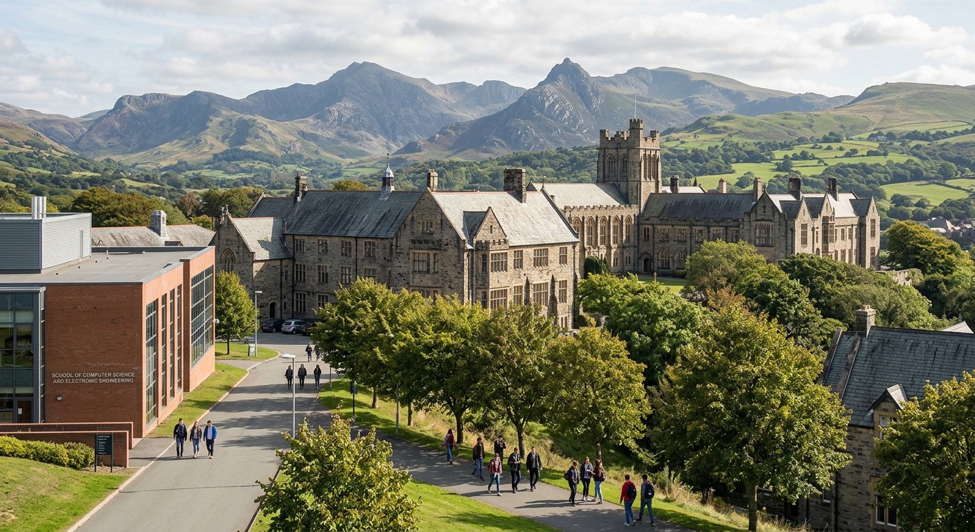 Bangor University campus with historic stone buildings set against the backdrop of Snowdonia mountains and lush green Welsh countryside, students walking along tree-lined paths near the science buildings