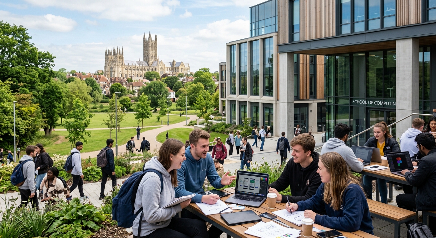 University of Kent Canterbury campus with modern computing labs and creative design studios, green parkland setting with historic Canterbury Cathedral visible in the background, students collaborating on digital design projects
