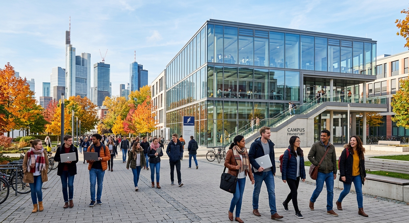 Modern German business school campus with glass-fronted lecture building, international students walking with laptops and backpacks, city skyline in background, bright autumn day