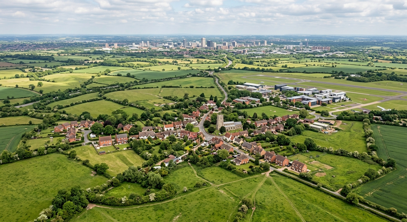 Aerial view of the Bedfordshire countryside showing the village of Cranfield with green fields, hedgerows, and scattered English cottages, with Milton Keynes skyline visible in the distance