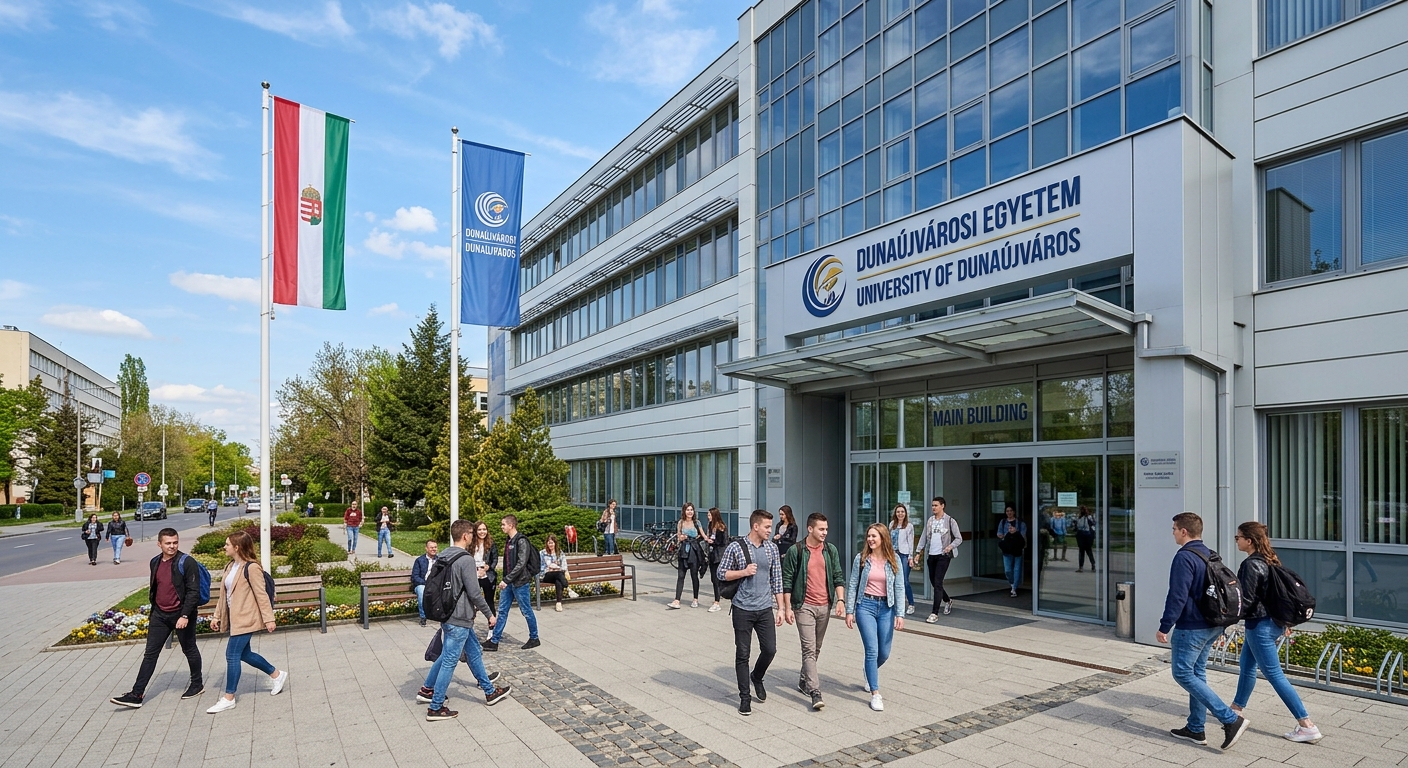 University of Dunaújváros main building exterior, modern renovated facade, students walking through the entrance plaza, sunny day, Hungarian flags visible