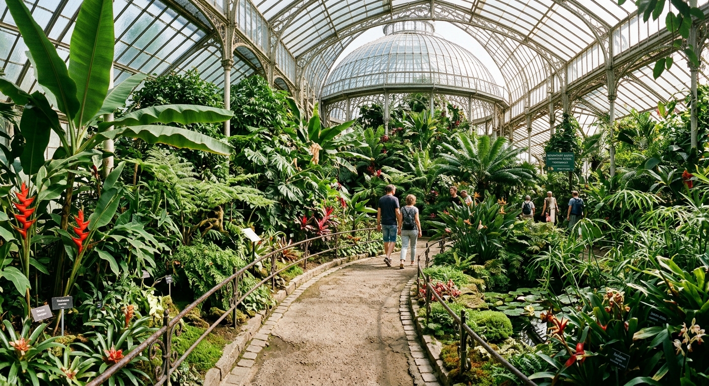 University of Leipzig Botanical Garden, lush greenery, tropical greenhouse, historic pathways, one of Europe's oldest botanical gardens