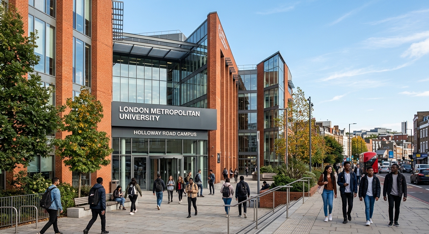 London Metropolitan University Holloway Road campus exterior with modern architecture, students walking through the entrance plaza, red brick and glass building facade, clear sky over North London cityscape