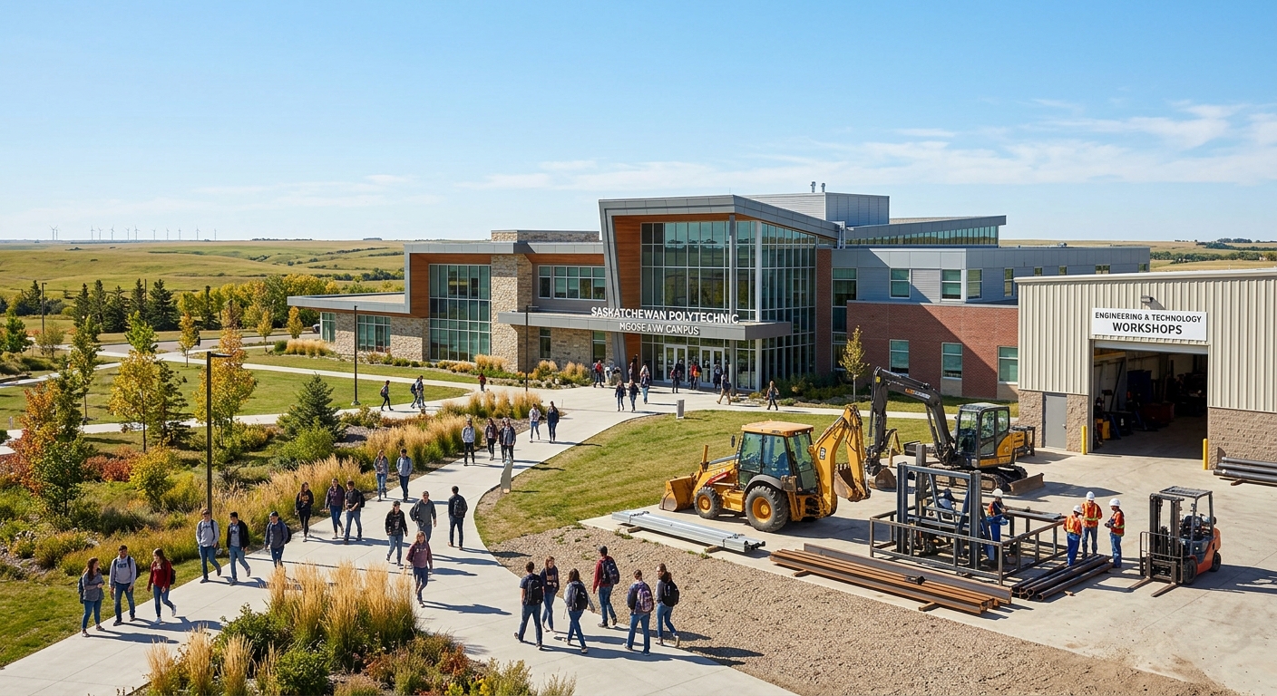 Saskatchewan Polytechnic Moose Jaw campus building with modern architecture, Canadian prairie landscape, students walking on pathways, clear blue sky, engineering equipment visible near workshop area