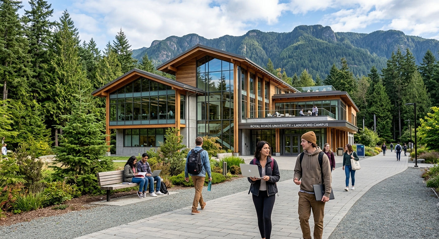 Modern Langford campus building of Royal Roads University surrounded by Pacific Northwest forest and mountains, students walking along pathways with laptops, bright natural daylight, contemporary architecture with large glass windows