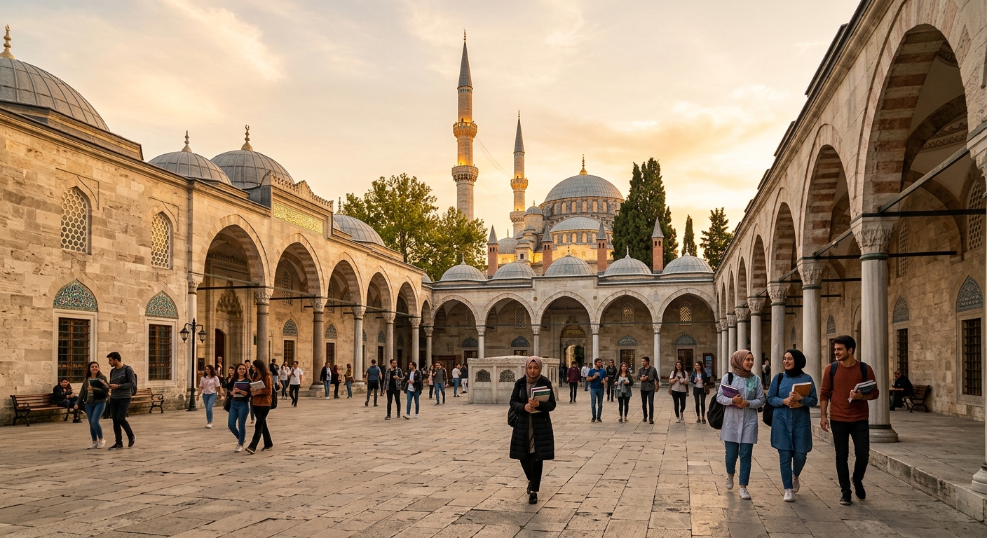 Historic Fatih campus of FSM University in Istanbul with Ottoman-era architecture, courtyard with arched corridors, students walking with books, mosque minarets visible in the background, warm golden hour lighting