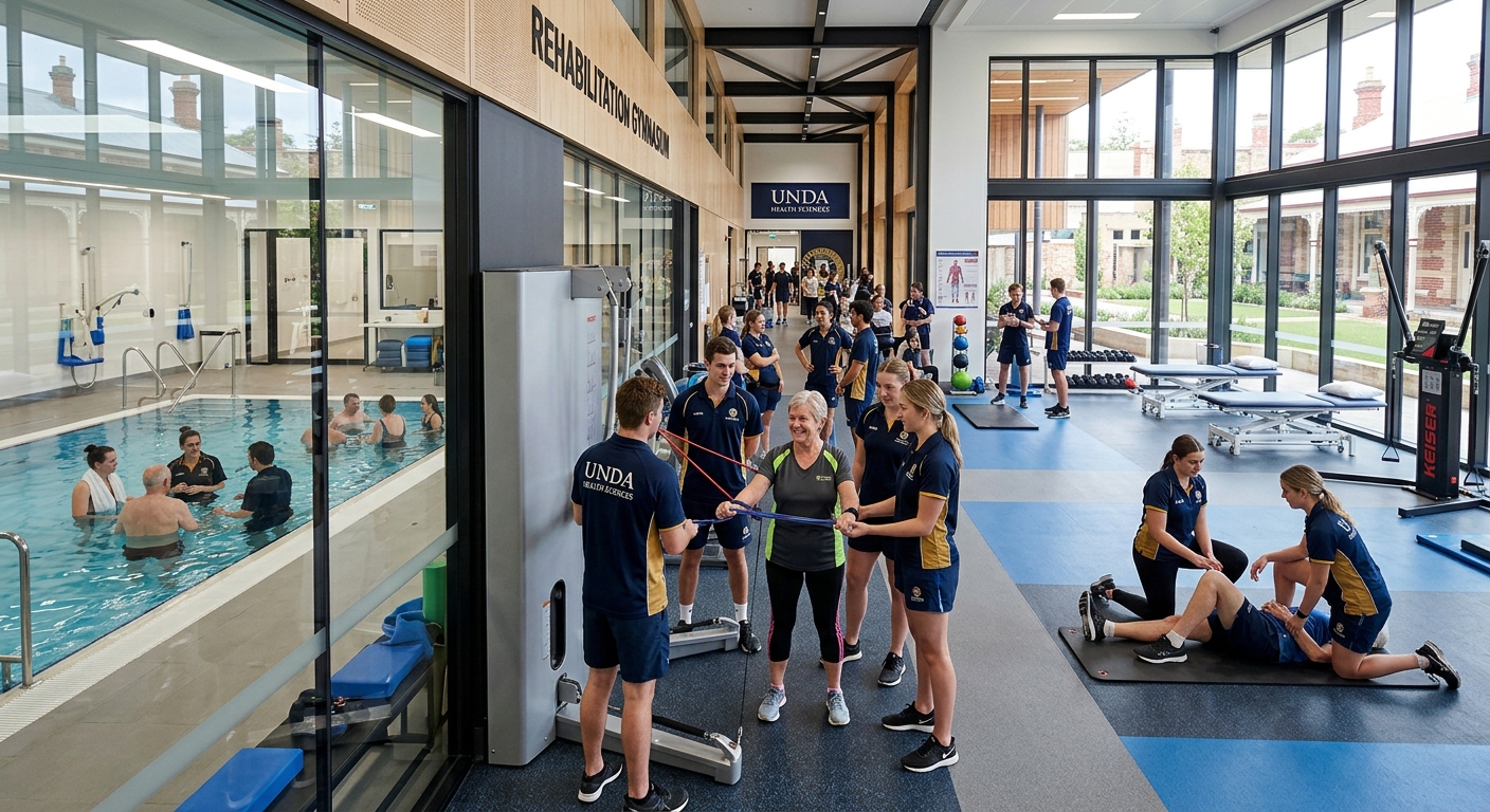 Purpose-built Health Sciences building at Notre Dame Fremantle campus, modern gymnasium and rehabilitation pool facilities, students in clinical training exercise