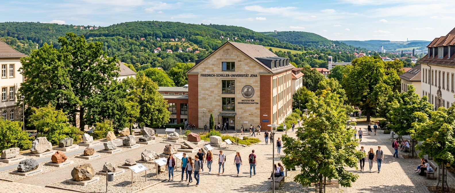 Panoramic view of Friedrich Schiller University Jena campus with the Institute for Geosciences building, surrounded by the green hills of Thuringia, students walking through a sunlit courtyard with geological rock samples on display